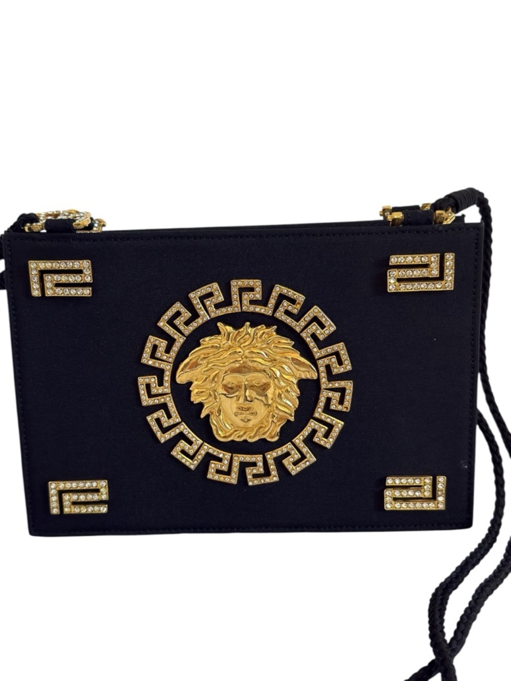 Gianni Versace Couture Vintage Medusa Satin Shoulder Bag Black Gold COA